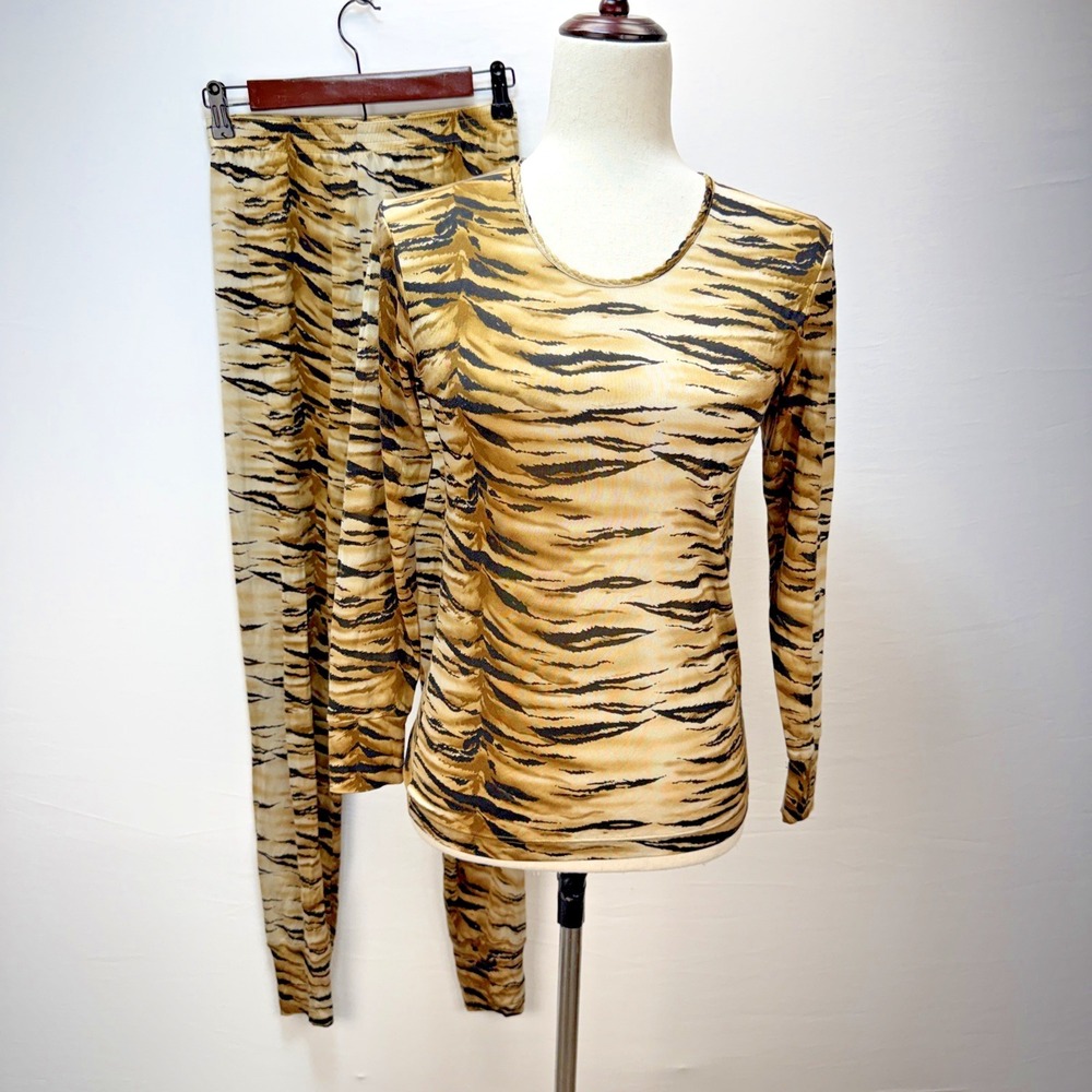 WinterSilks Tiger Animal Print Base Layer Pajamas Lounge Set Top Pants Size S/M